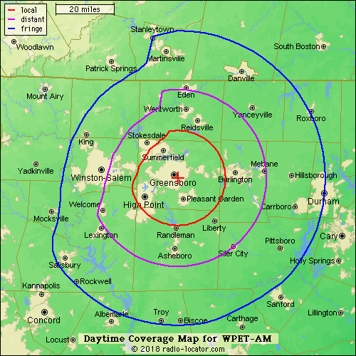 WPET Greensboro AM 950 / Daytime Map